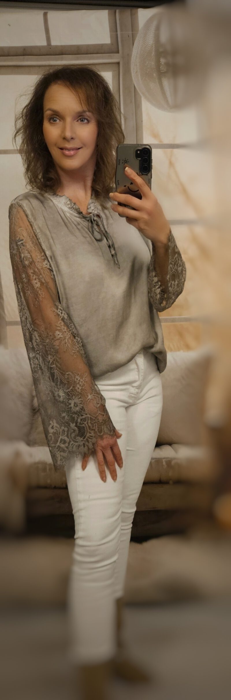Silk lace blouse taupe